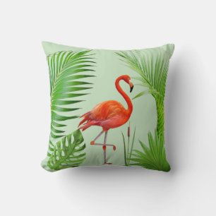 Red Flamingo & Tropical Palm Leaves on Green Cushion