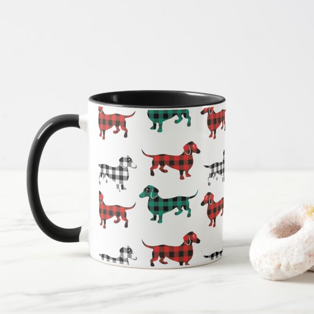 Red Flannel Christmas Dachshunds Mug (With Donut)