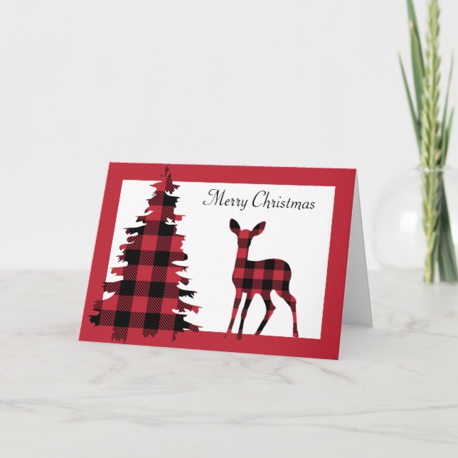 Red Flannel Christmas Tree and Deer Holiday Card (Front)
