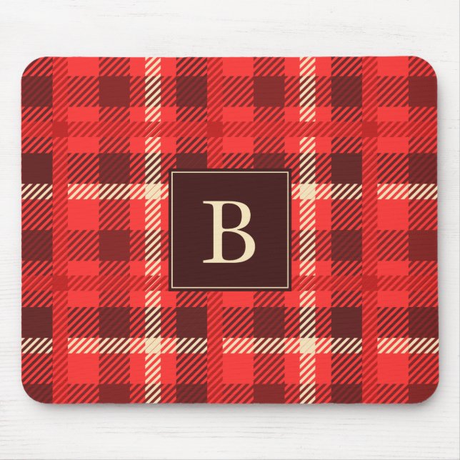 Red Flannel Look Plaid with Monogram Mouse Mat (Front)
