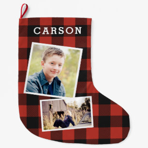 Red Flannel Photo Collage Large Christmas Stocking