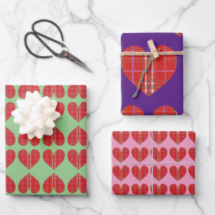 Red Flannel Plaid Heart Wrapping Paper Sheet