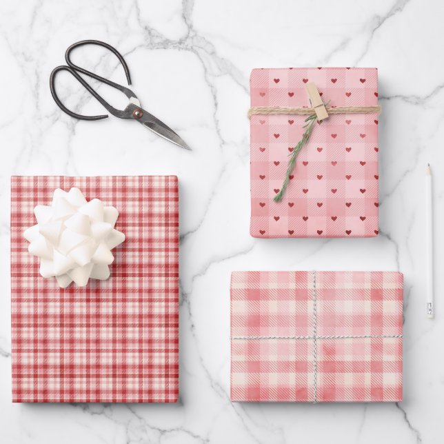 Red Flannel Plaid Valentine's Day Wrapping Paper Sheet (Front)
