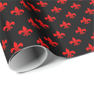 Red Fleur-de-lis on Black Wrapping Paper