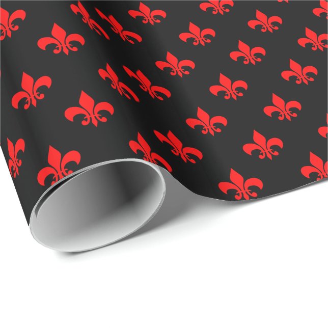 Red Fleur-de-lis on Black Wrapping Paper (Roll Corner)