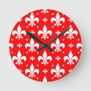 Red Fleur-de-lis Pattern Design Round Clock