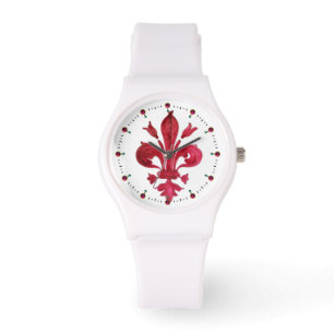 RED FLEUR DE LISE IN WHITE  Floral Heraldic Watch