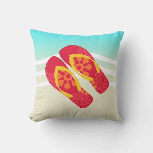 Red Flip Flops Beach Waves Outdoor Cushion (Front)