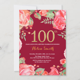 Red Floral 100th Birthday Gold Glitter Burgundy Invitation