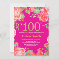 Red Floral 100th Birthday Gold Glitter Hot Pink