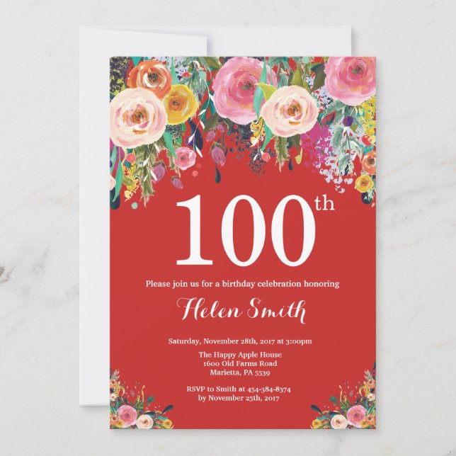 Red Floral 100th Birthday Invitation (Front)