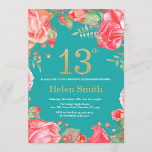 Red Floral 13th Birthday Gold Glitter and Teal Invitation