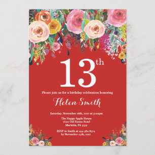Red Floral 13th Birthday Invitation
