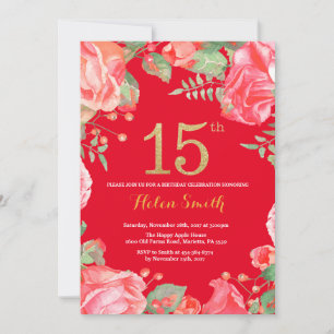 Red Floral 15th Birthday Gold Glitter and Red Invitation