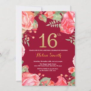 Red Floral 16th Birthday Gold Glitter Burgundy Red Invitation