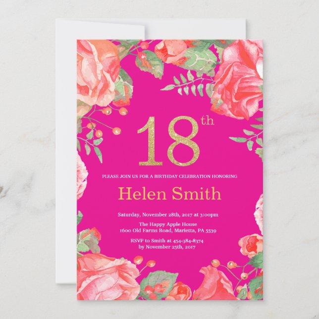 Red Floral 18th Birthday Gold Glitter and Hot Pink Invitation (Front)