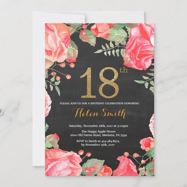 Red Floral 18th Birthday Invitation Gold Glitter (Front)