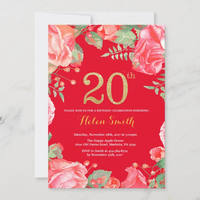 Red Floral 20th Birthday Gold Glitter and Red Invitation (Front)
