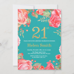 Red Floral 21st Birthday Gold Glitter and Teal Invitation