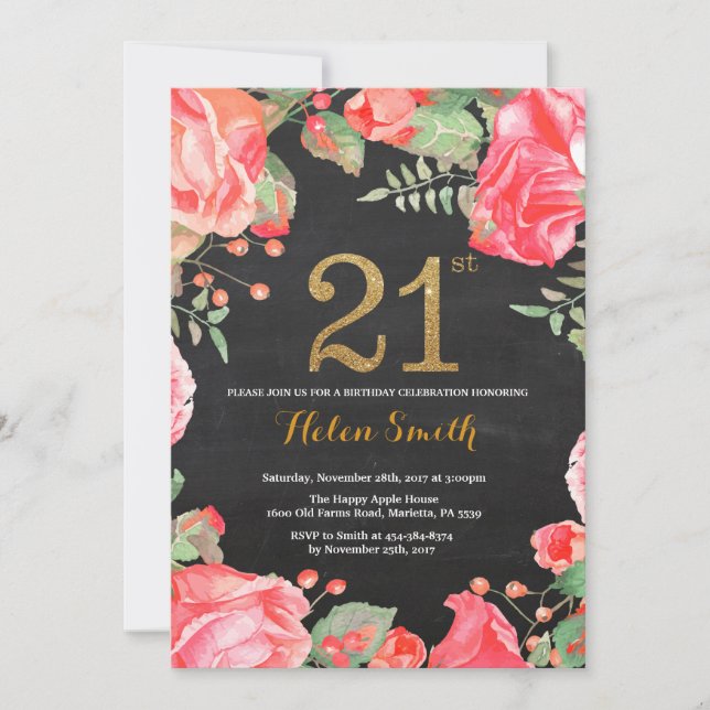 Red Floral 21st Birthday Invitation Gold Glitter (Front)