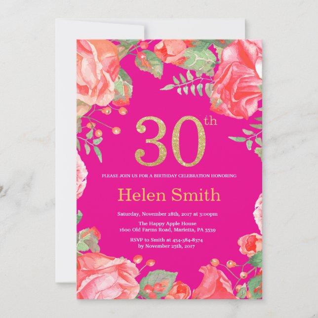 Red Floral 30th Birthday Gold Glitter and Hot Pink Invitation (Front)