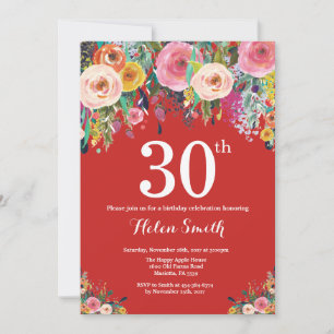 Red Floral 30th Birthday Invitation