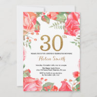Red Floral 30th Birthday Invitation Gold Glitter