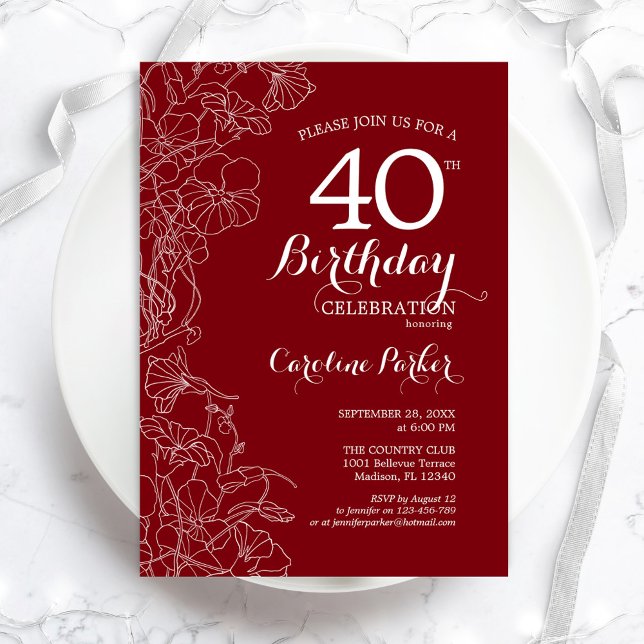 Red Floral 40th Birthday Party Invitation (Creator Uploaded)