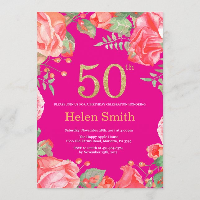 Red Floral 50th Birthday Gold Glitter and Hot Pink Invitation (Front)