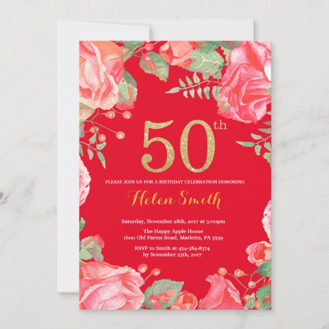 Red Floral 50th Birthday Gold Glitter and Red Invitation (Front)