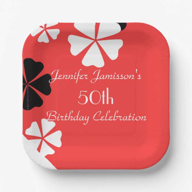Red Floral 50th Birthday Party Simple Square Paper Plate (Front)
