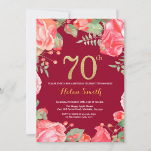 Red Floral 70th Birthday Gold Glitter Burgundy Red Invitation