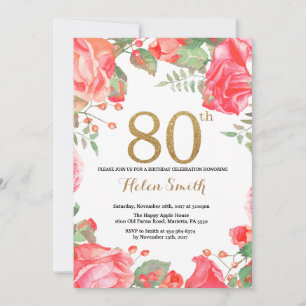 Red Floral 80th Birthday Invitation Gold Glitter