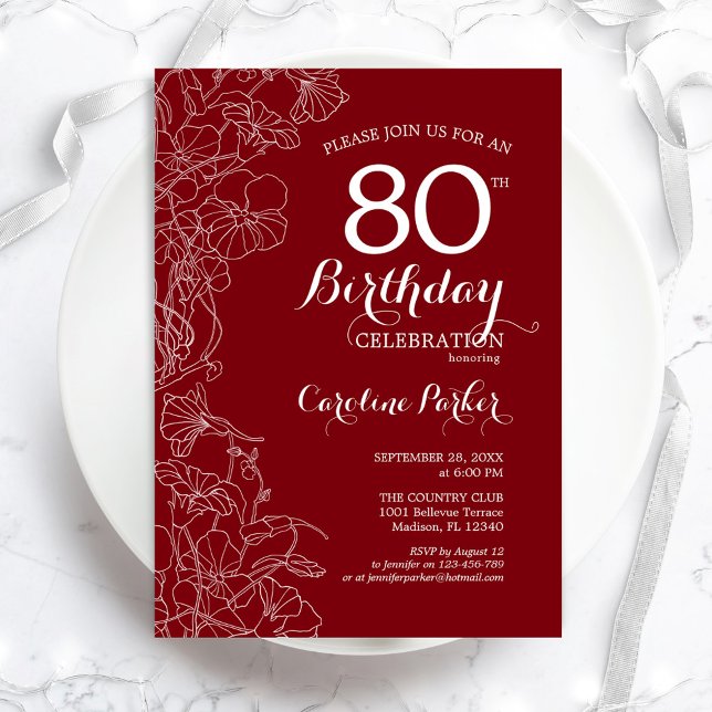 Red Floral 80th Birthday Party Invitation (Creator Uploaded)