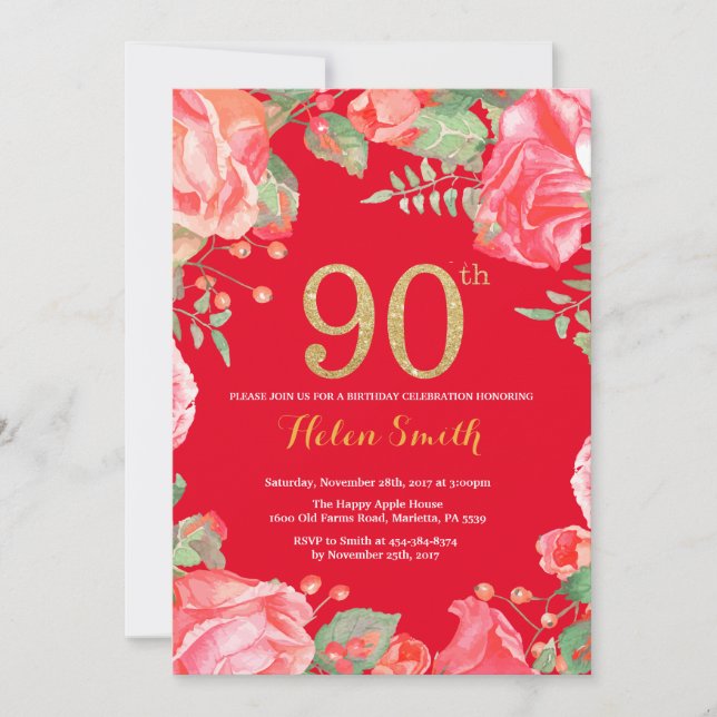 Red Floral 90th Birthday Gold Glitter and Red Invitation (Front)