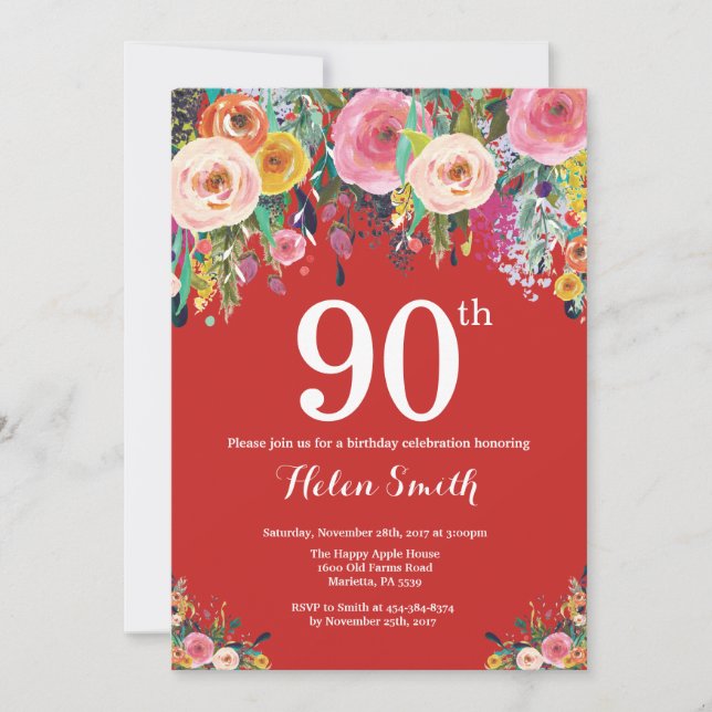 Red Floral 90th Birthday Invitation (Front)