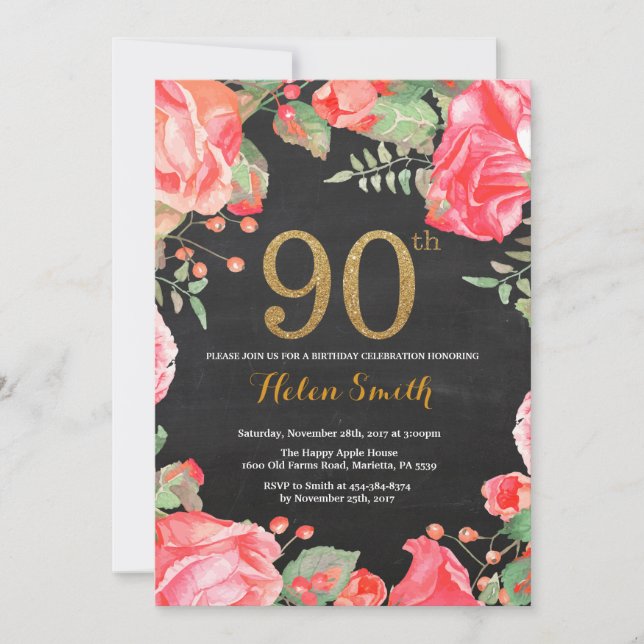 Red Floral 90th Birthday Invitation Gold Glitter (Front)