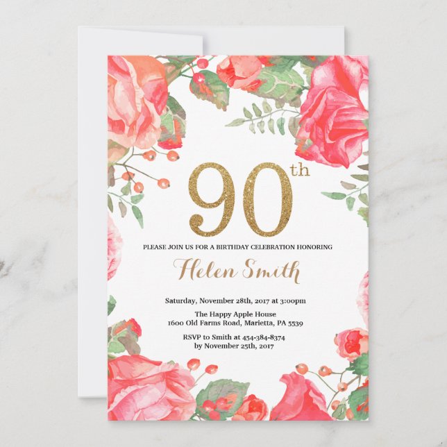 Red Floral 90th Birthday Invitation Gold Glitter (Front)