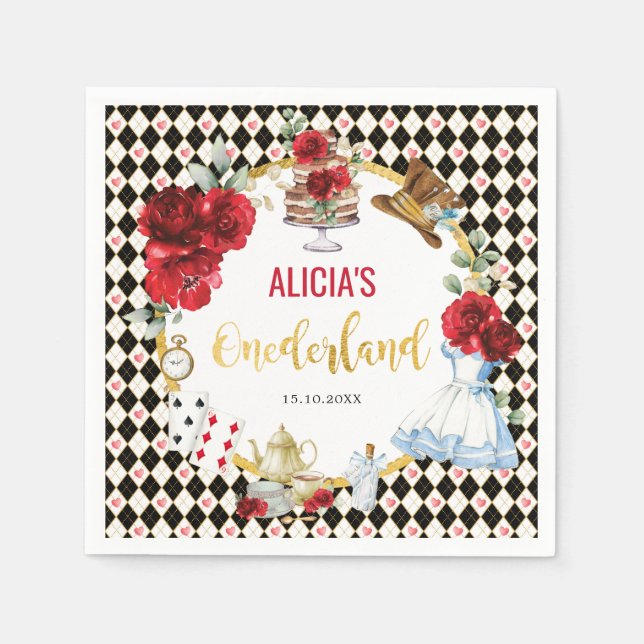 Red Floral Alice in Onederland Birthday Tea Party Napkin (Front)