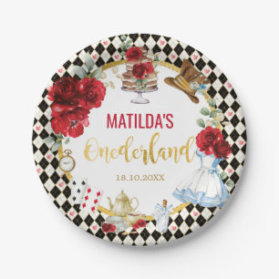 Red Floral Alice in Wonderland Birthday Onederland Paper Plate
