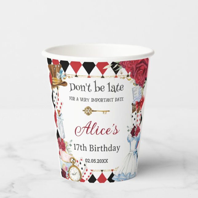 Red Floral Alice in Wonderland Birthday Tea Party  Paper Cups (Front)
