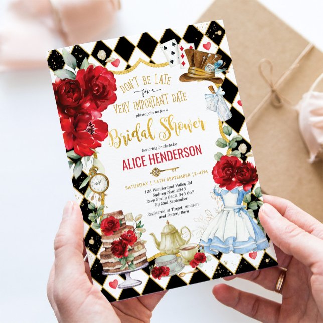 Red Floral Alice in Wonderland Bridal Shower Tea Invitation (Creator Uploaded)