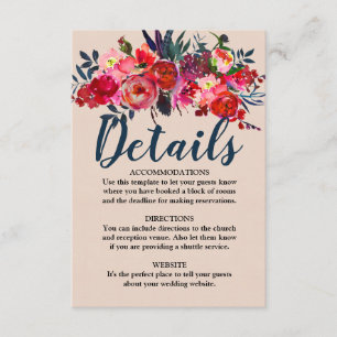 Red Floral and Boho Feather Wedding Details Card