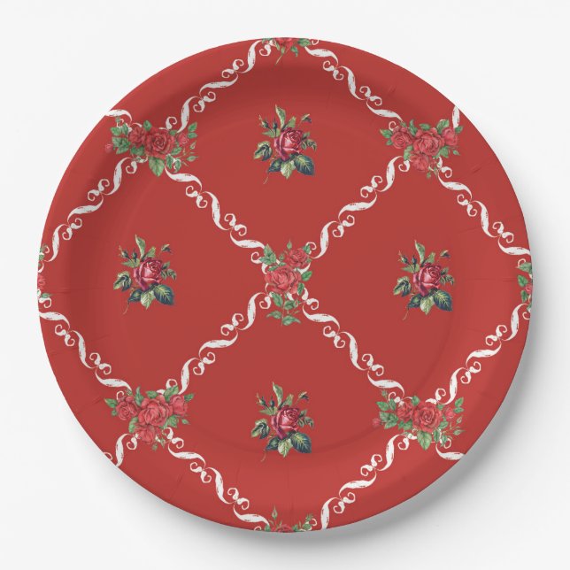 Red Floral and Lattice Sweet Valentine Paper Plate (Front)