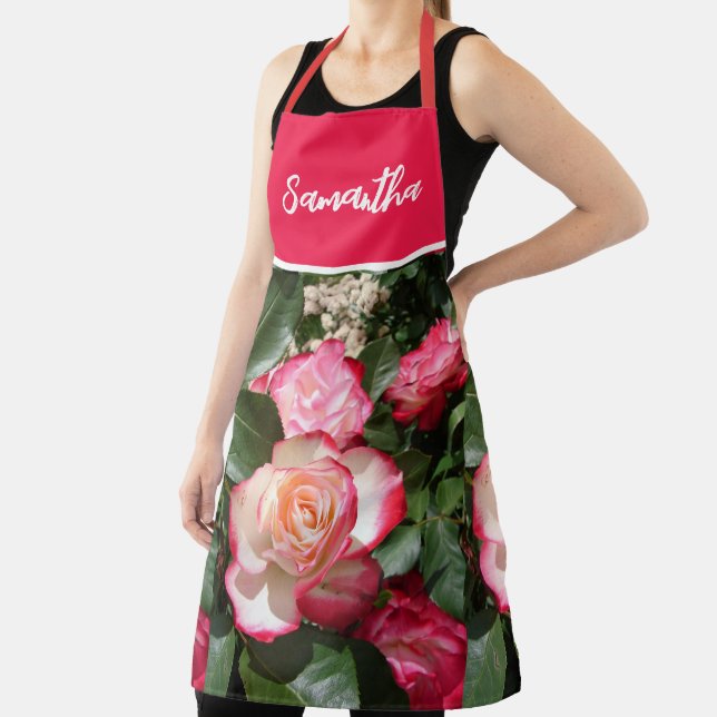 Red Floral and White Roses Rose Womans Kitchen Apron (Insitu)