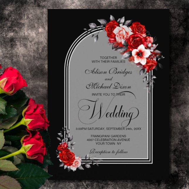 Red Floral Arch Black Silver Wedding Invitation (Creator Uploaded)