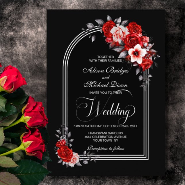 Red Floral Arch Black Wedding Invitation (Creator Uploaded)