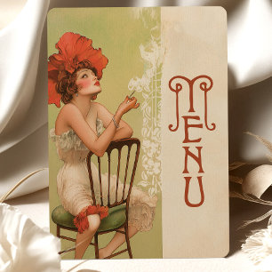 Red Floral Art Nouveau Wedding Menu Card