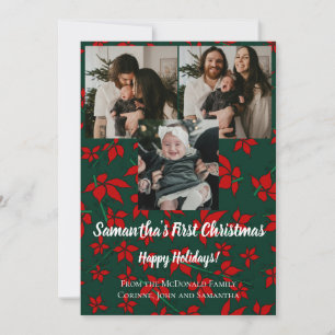 Red floral baby's 1st Christmas 3 photo name green Invitation