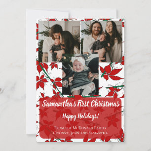 Red floral baby's first Christmas 3 photo name Invitation
